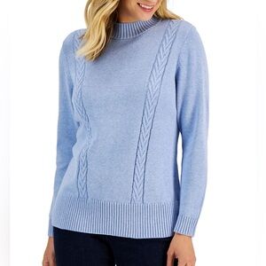 Karen Scott Blue cotton cowel Neck Cable Knit Sweater